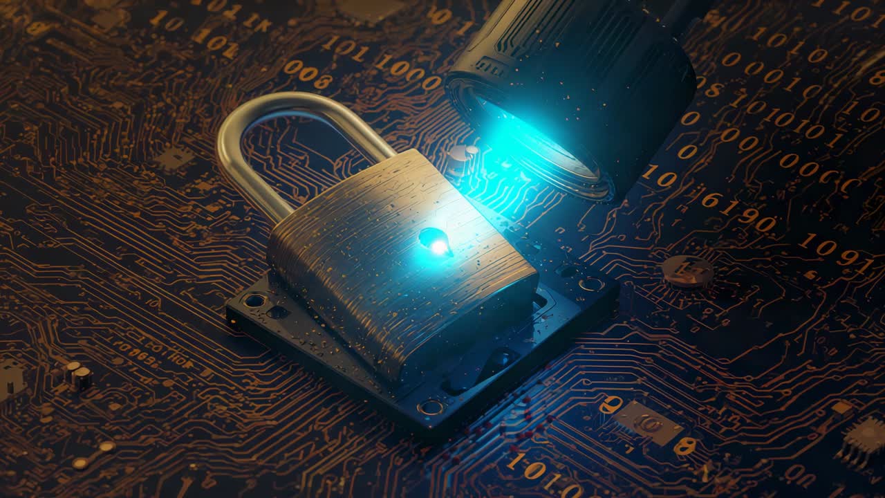 Emitting blue beam, scanner scanning padlock on circuit board, visualizing binary code encryption