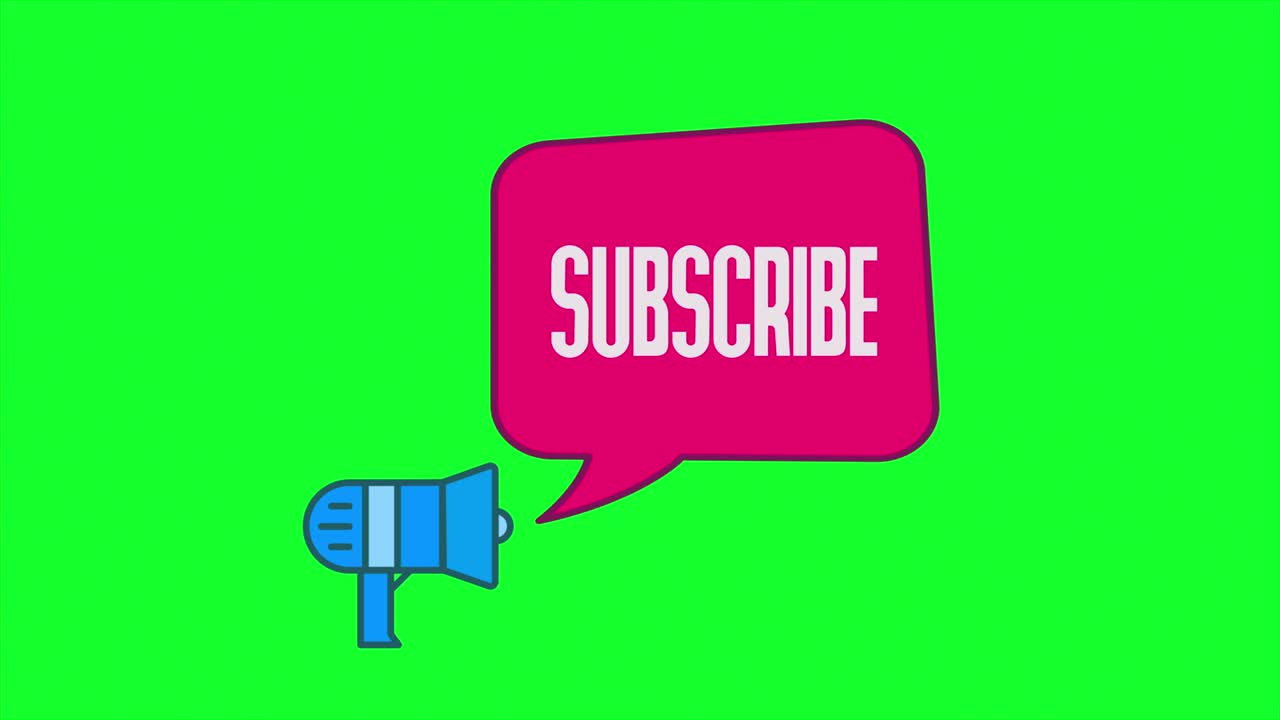 Megaphone with speech bubble subscribe to channel title end card video slide closing in with a green screen