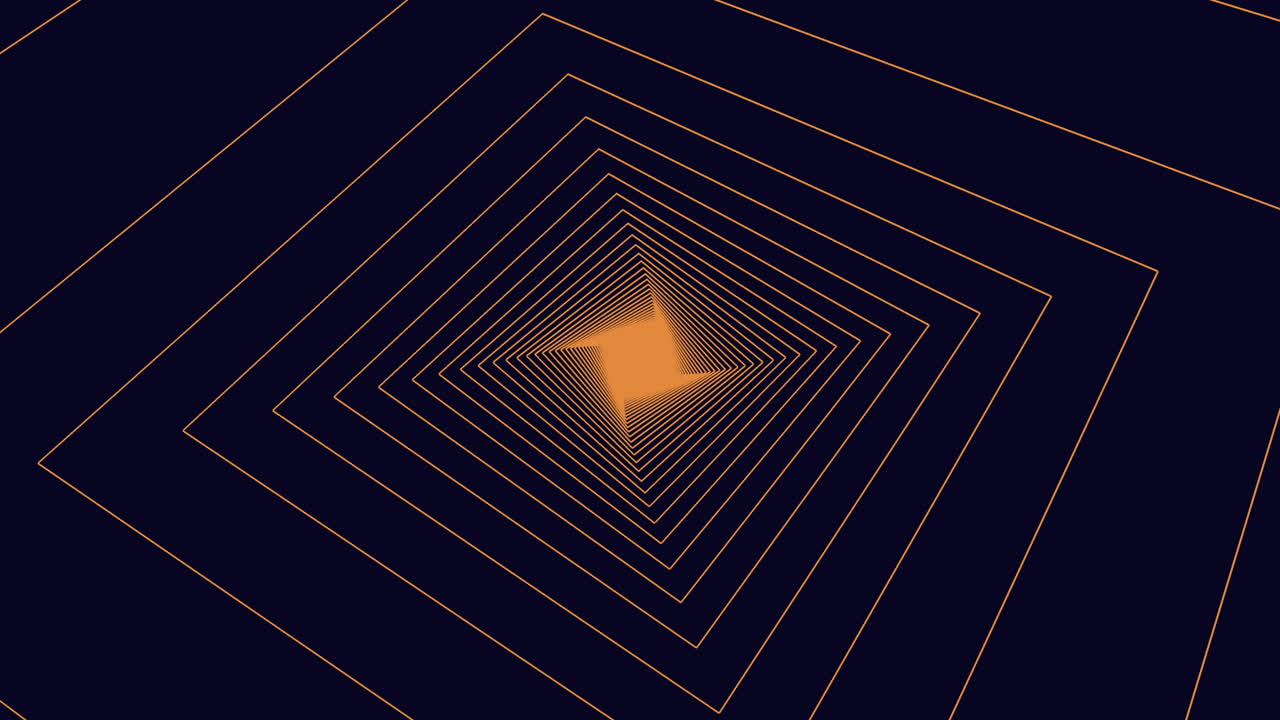 대담한 검은색과 오렌지색의 추상적인 디자인으로 중앙 사각형과 번개가 있습니다.