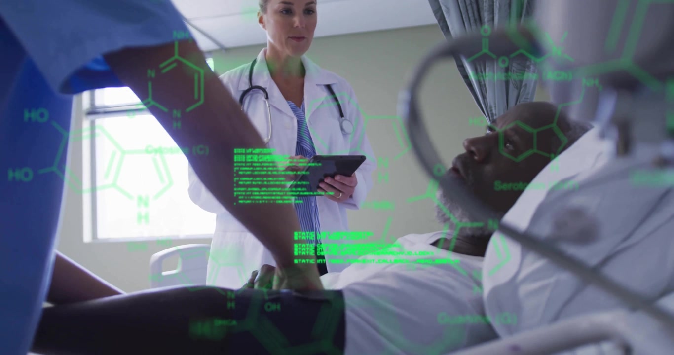 Nurse securing cuff on patient arm while doctor tapping tablet, overlay showing vital data transfer