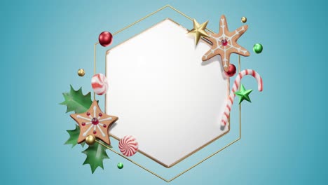 animación de marco hexagonal con espacio de copia y decoración navideña en fondo azul.