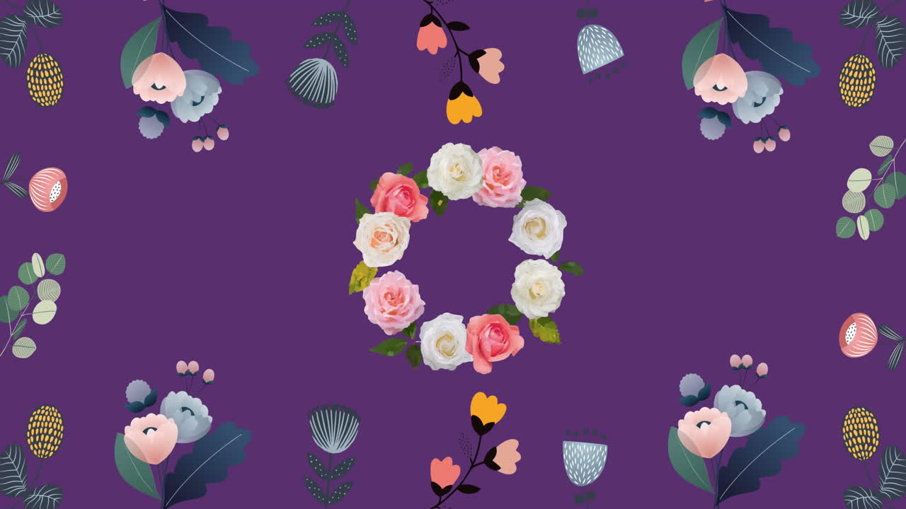 보라색 배경에서 최면 운동으로 움직이는 꽃의 애니메이션