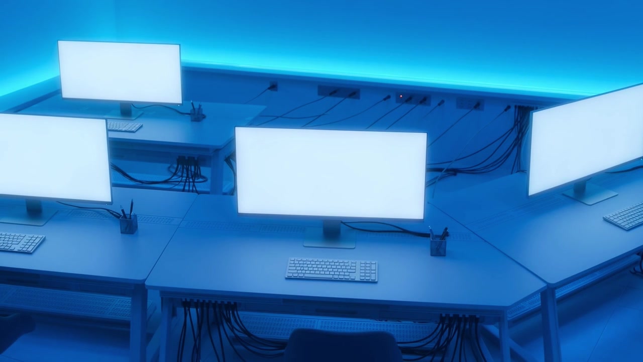 High-Tech Office with Empty Desks and Glowing Blue Monitors