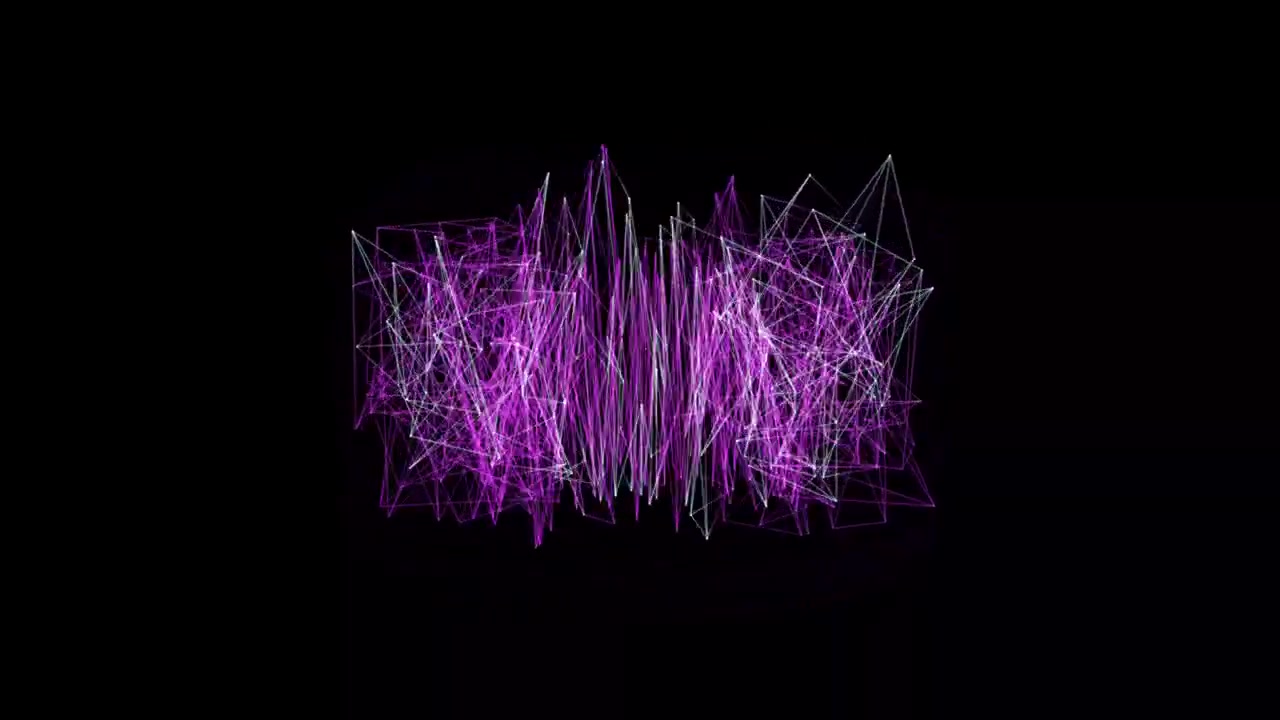 Purple lines move and shift creating various shapes on a black background. The design is abstract and dynamic, with changes in pattern and structure over time