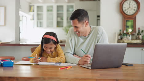 laptop, elearning and father with girl drawing