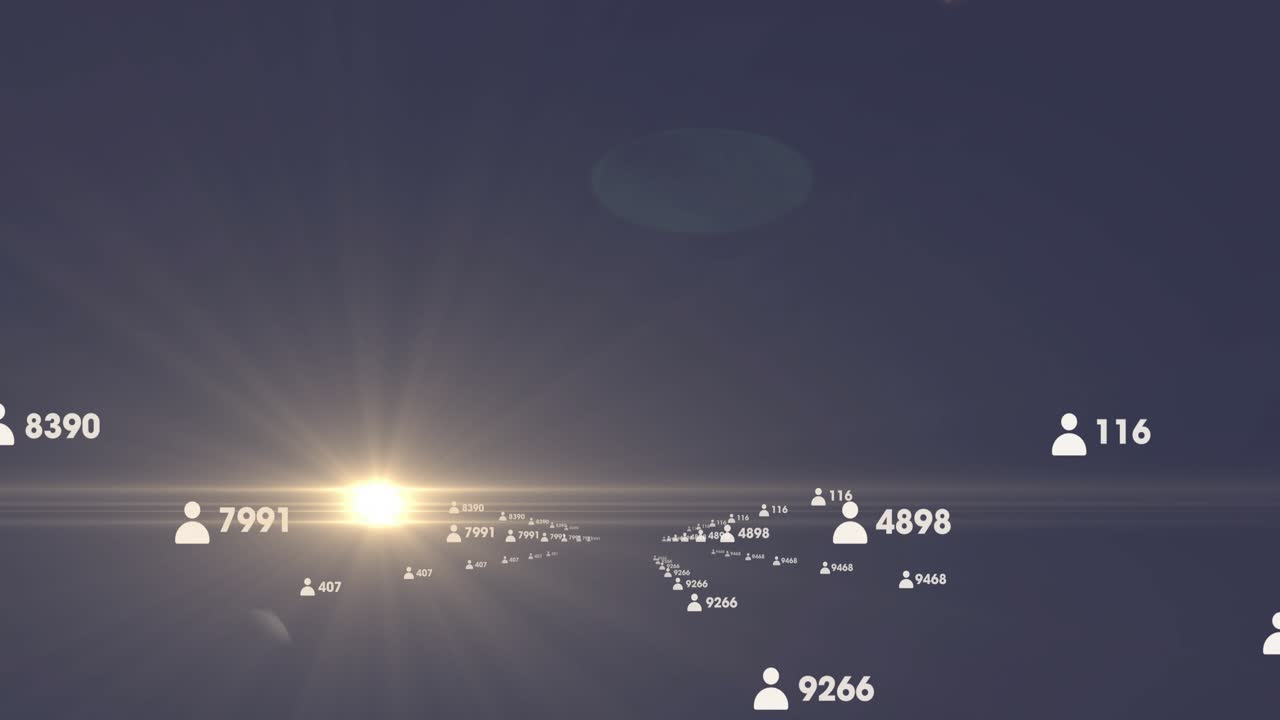 輝く太陽のような光がフレアを放ちながら、フラットデザインの平面を横切って後退していく浮かぶユーザーアバター