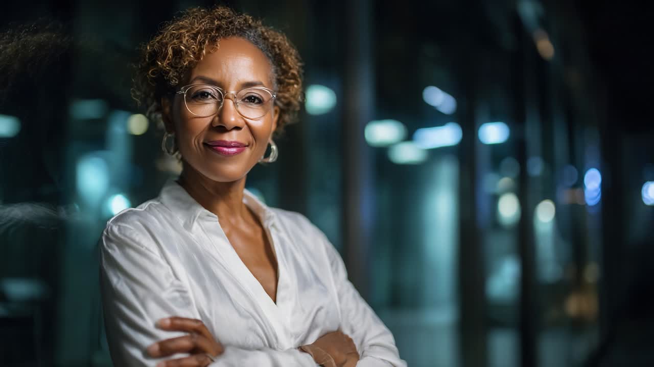 Confident woman in a sophisticated setting showcasing warmth and assurance through her smile, captured in two stunning frames that highlight her well-groomed appearance and charm in a professional environment