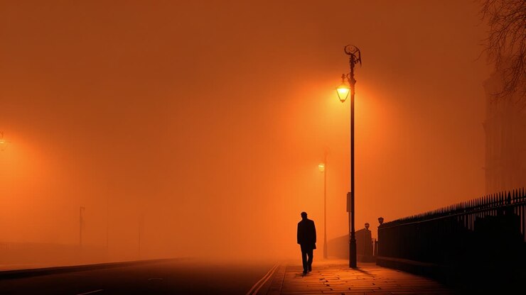 A Solitary Figure Walks Through An Enigmatic Fog, Illuminated by Streetlights, Creating a Mysterious and Atmospheric Scene with Shadows and Glow