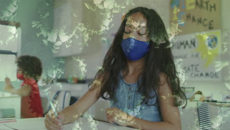animación de células de coronavirus y escolar en el uso de máscara facial y tos