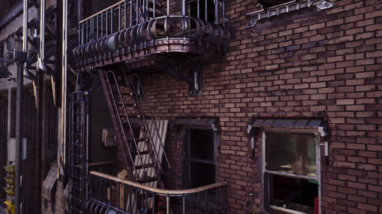 La luce filtra attraverso la finestra su un balcone e un muro usurati