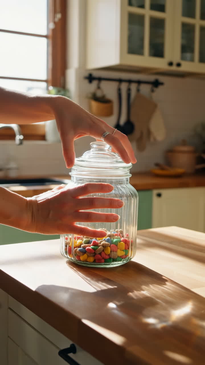 Hands interacting with a glass jar of colorful candy in a sunlit kitchen