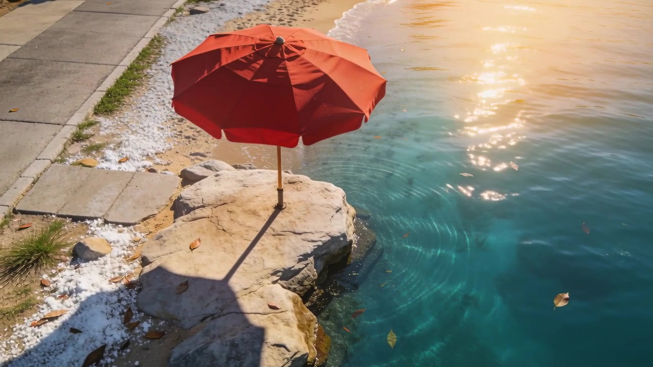 Telecamera aerea panoramica si avvicina a un ombrellone rosso su una roccia del lungomare, rivelando il bagliore del sole.