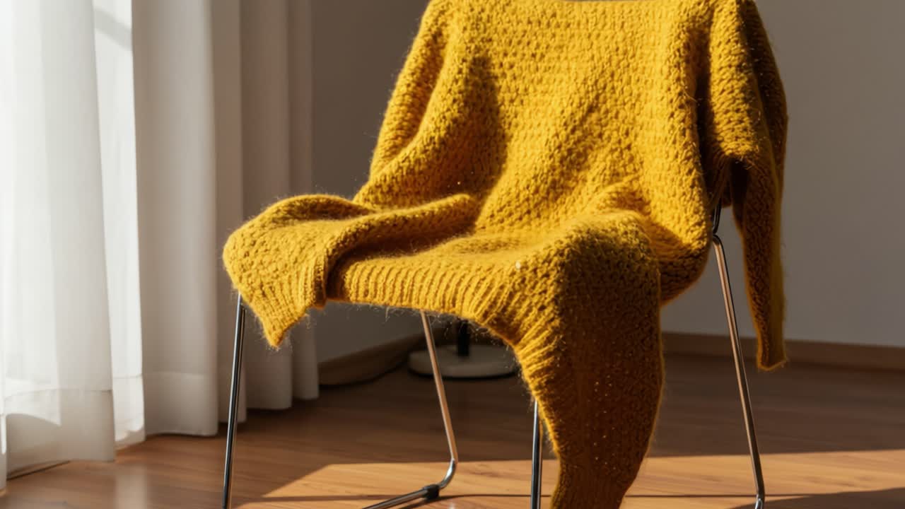 Yellow Knitted Sweater Draped Over a Chair in Sunlight