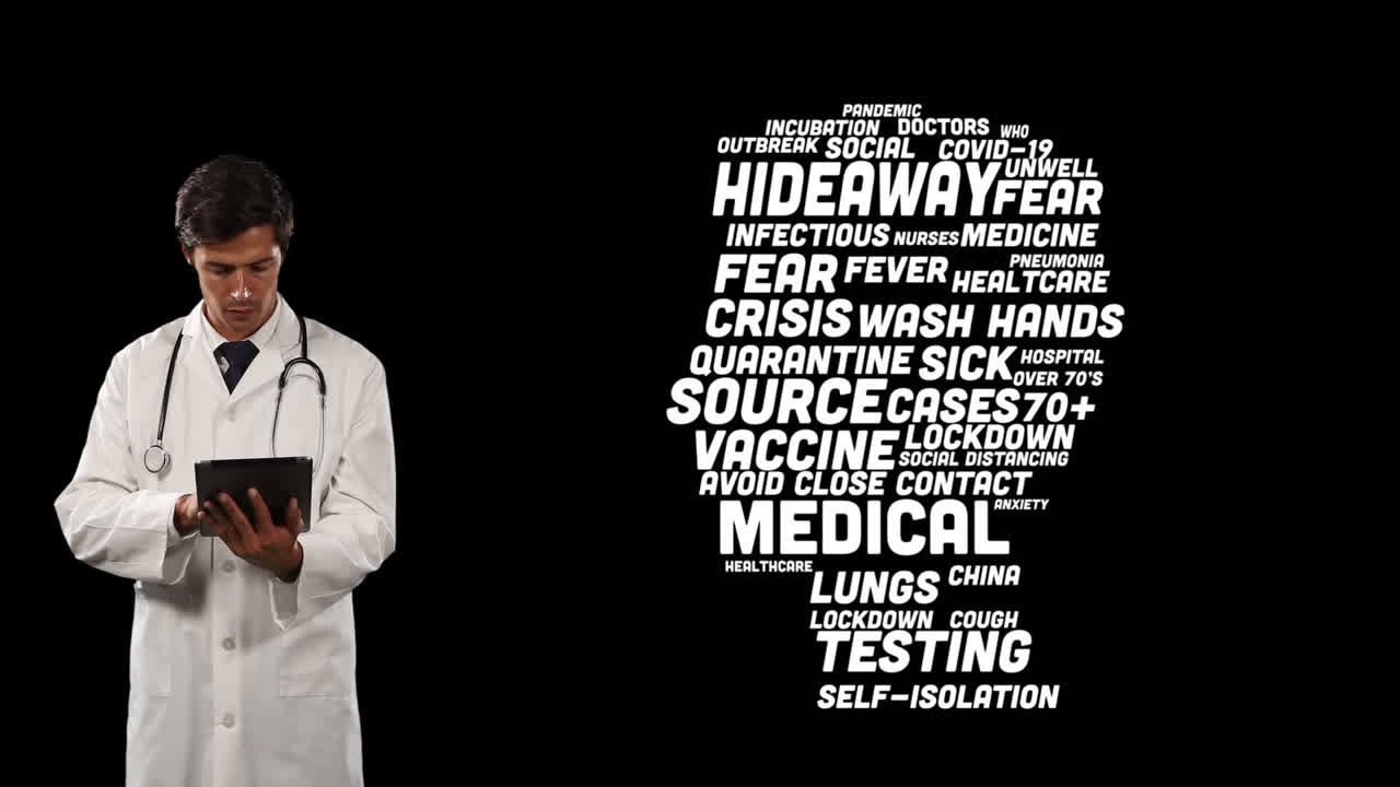 디지털 태블릿을 사용하는 의사에 대한 코로나바이러스 컨셉 텍스트