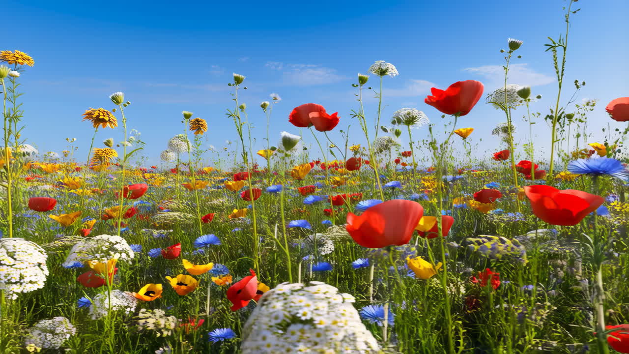 Un vivace prato di fiori selvatici sotto un cielo blu limpido