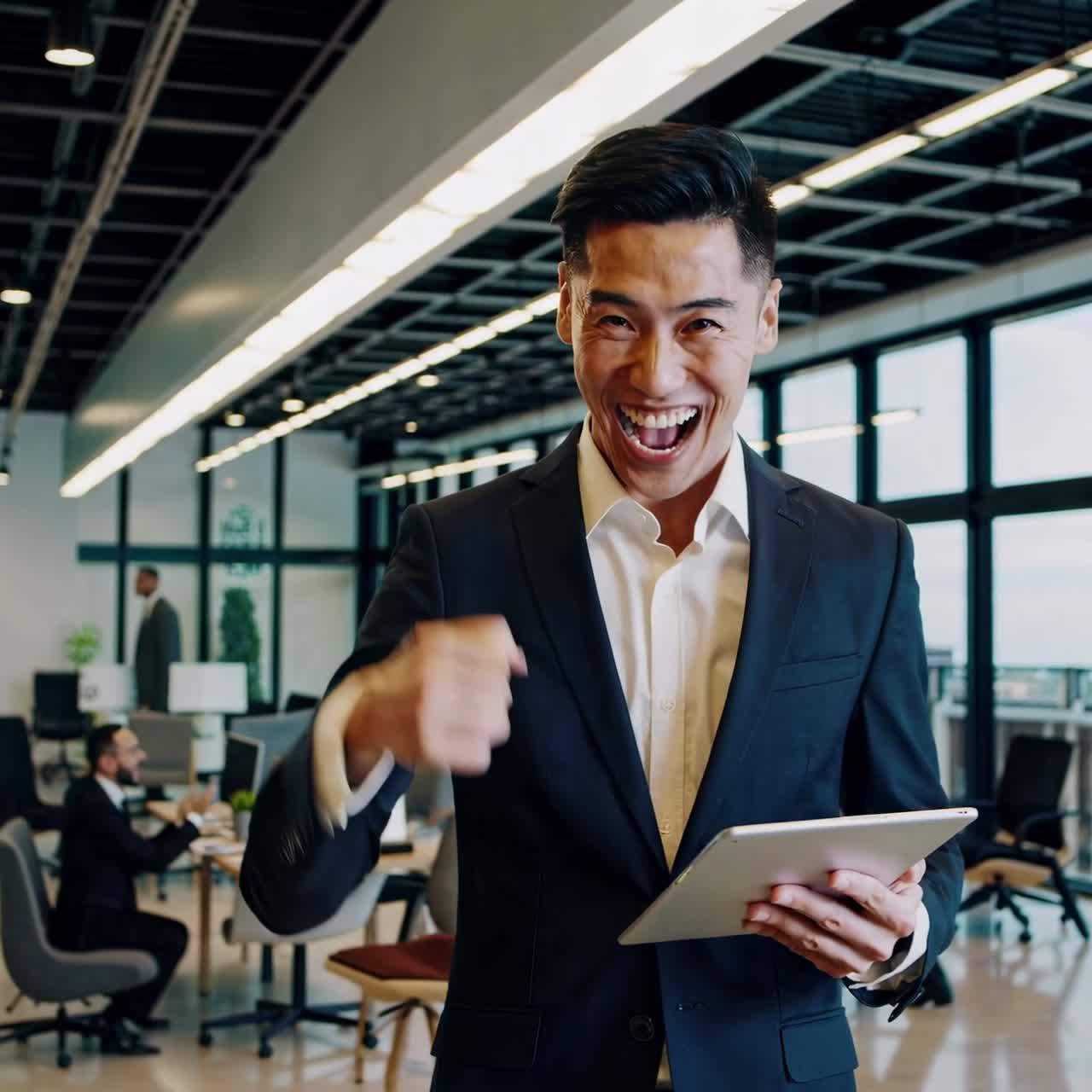 Un alegre empresario en traje celebra el éxito en una oficina moderna
