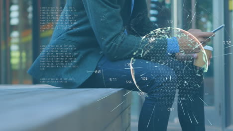 animation of data processing and globe over caucasian businessman using smartphone