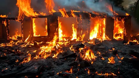 a house is engulfed by flames in the middle of a field