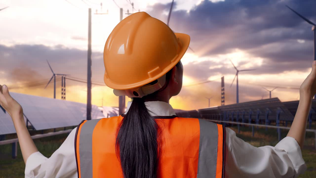 Close Up Back View Of A Female Engineer With Safety Helmet Spreading Arms With Solar Panel and Wind Turbines
