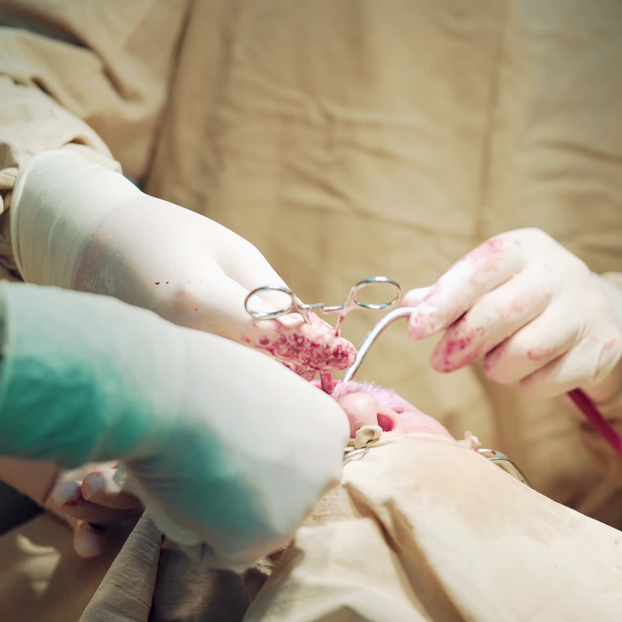 Three surgeons at work operating in surgical theatre. Resuscitation medicine team wearing protective masks saving patient. Surgery and emergency concept
