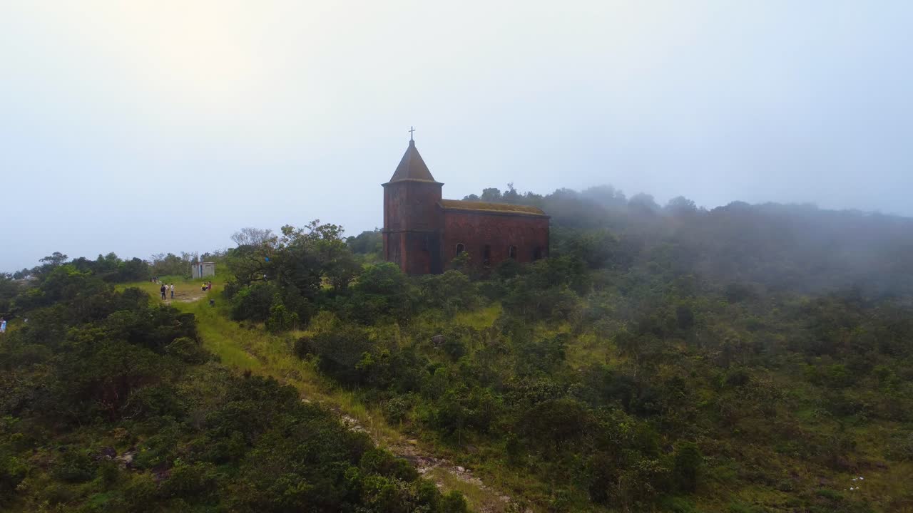Abandoned church around misty weather low visibility Bokor National park Cambodia