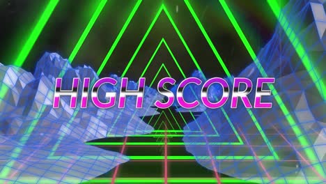 Animation-Von-High-Score-Text-über-Metaverse-Strukturen-Und-Konzentrischen-Dreiecken-In-Nahtlosem-Muster