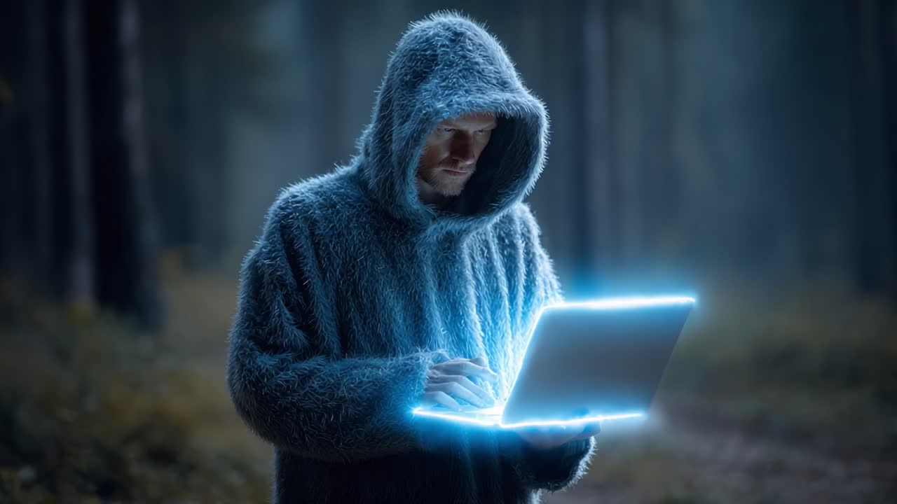 A cloaked figure in a fuzzy gray hoodie engages with a glowing laptop in a mysterious, dimly lit forest environment, blending technology with nature's tranquility