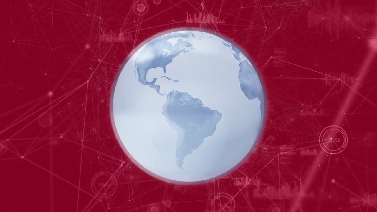 animación de un globo giratorio a través de una red de conexiones y procesamiento de datos contra un fondo rojo