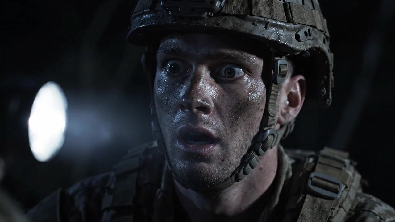 Intense Moment: A Soldier's Fear Captured in Two Frames, Reflecting the Raw Emotions and Tension Experienced During a High-Stakes Military Operation in Darkness