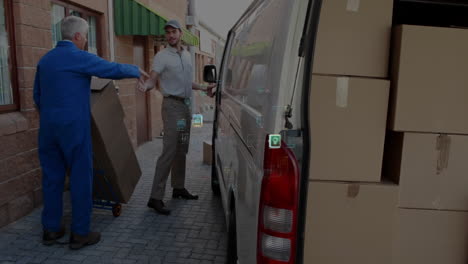 delivery workers unloading boxes from van, logistics network animation over scene