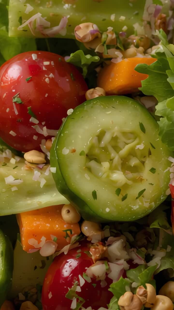 Vertical video: At start camera panning across salad on kitchen counter showing textures