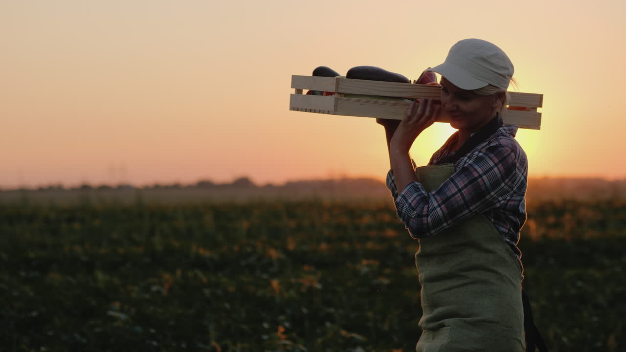 mujer agricultora lleva una caja con verduras en el campo al atardecer 4k video