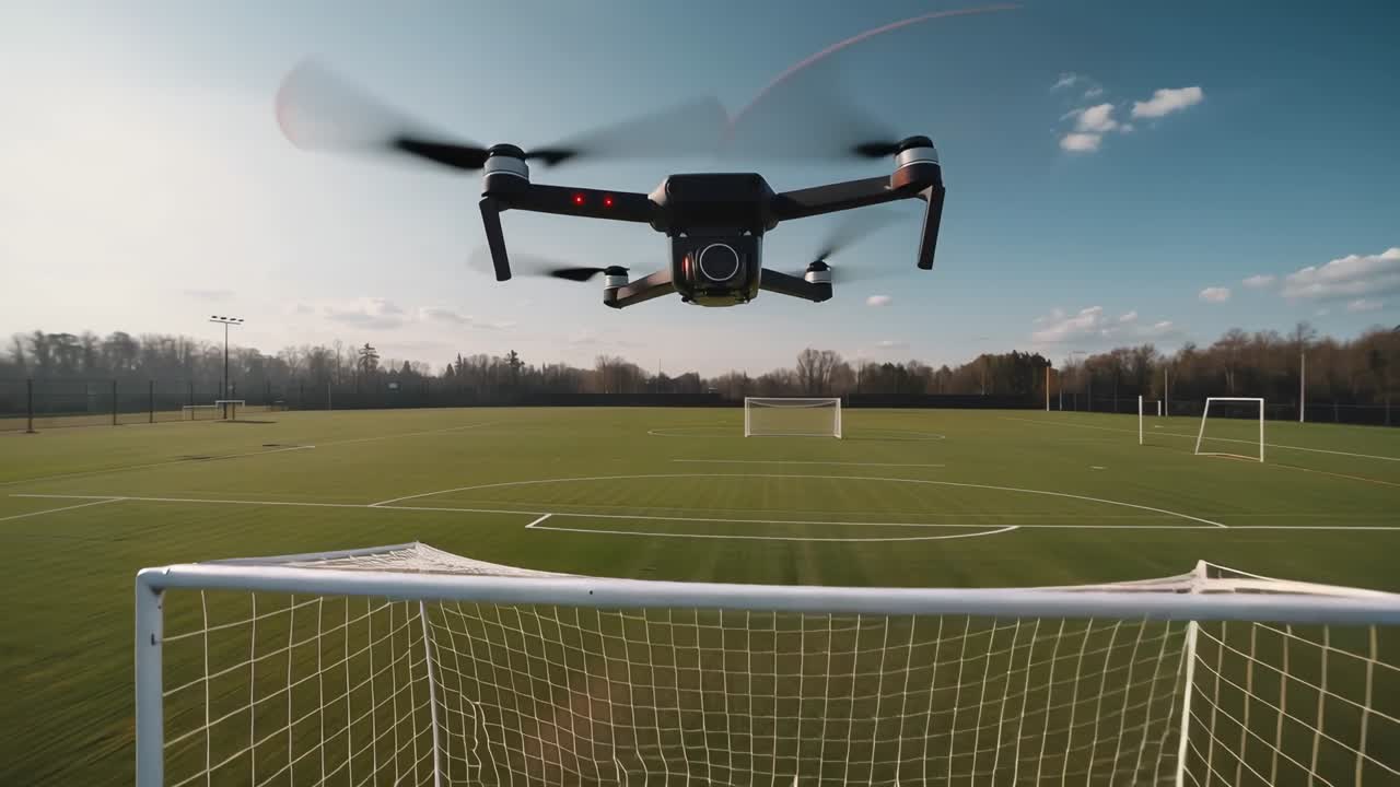 Receiving pilot command, camera drone approaching goal on turf, passing over net, filming field