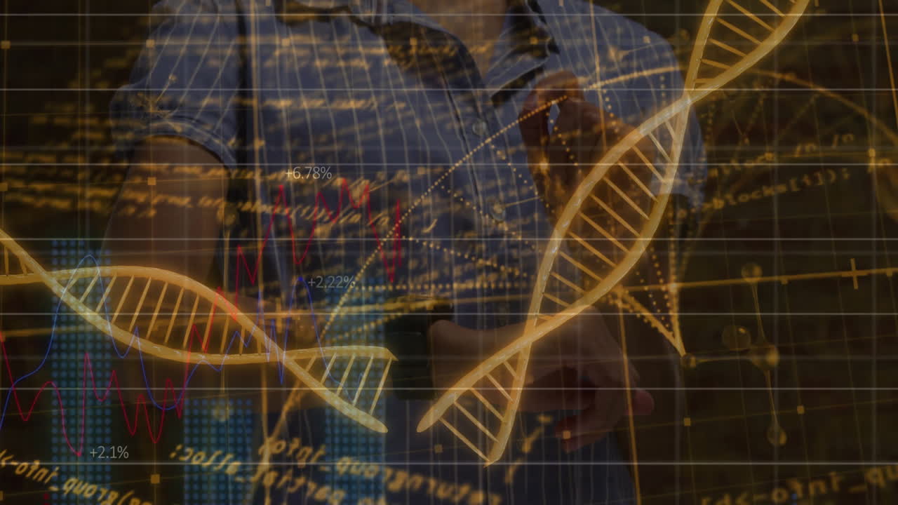 Projecting holographic DNA helices over torso while holding tablet displaying floating data charts