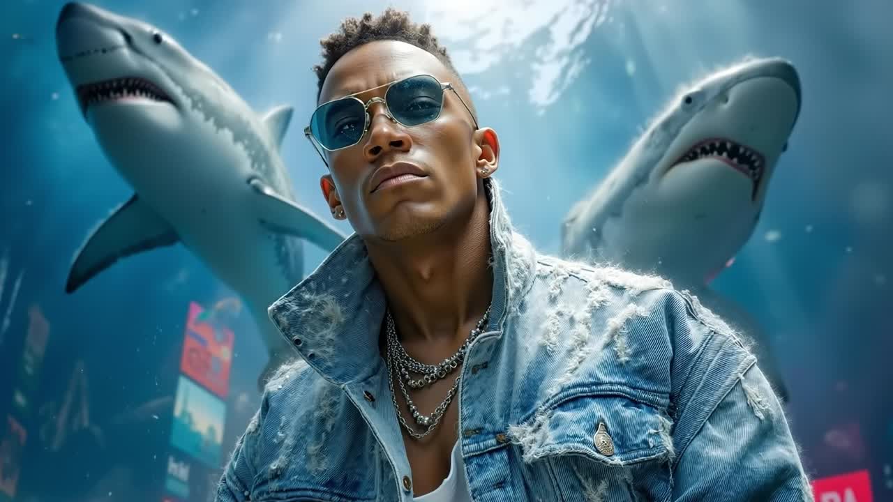 A man in a denim jacket and sunglasses standing in front of sharks