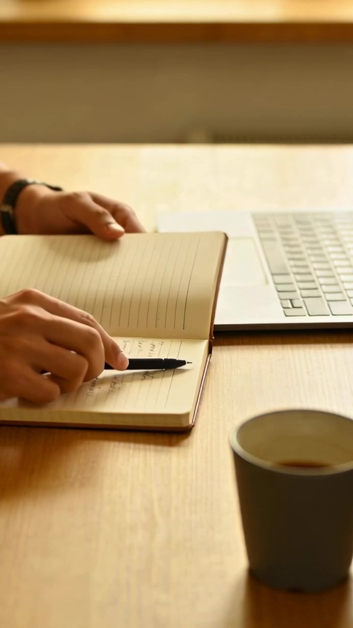 Verticale video: Pagina aanraken met pen, handen maken aantekeningen, pauzeren, slaan pagina om bij raam met laptop en mok.