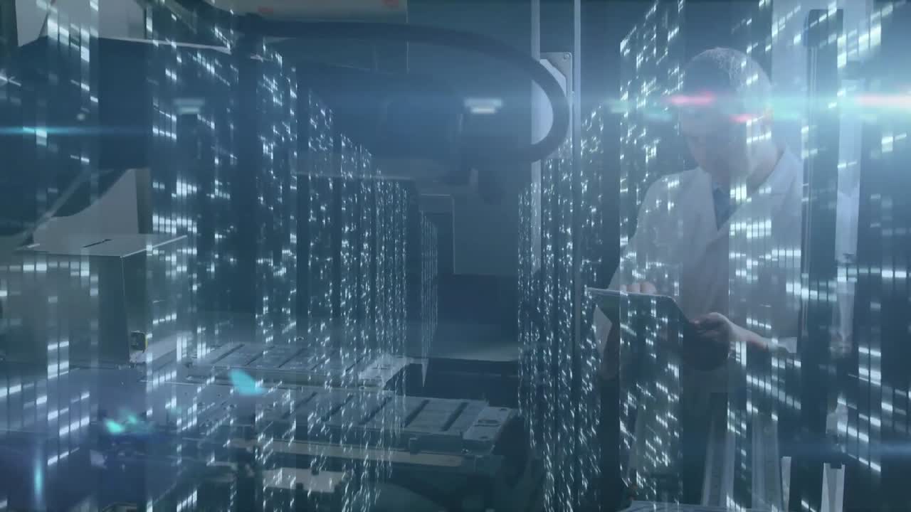 Animation of data processing over male scientist with robot and tablet