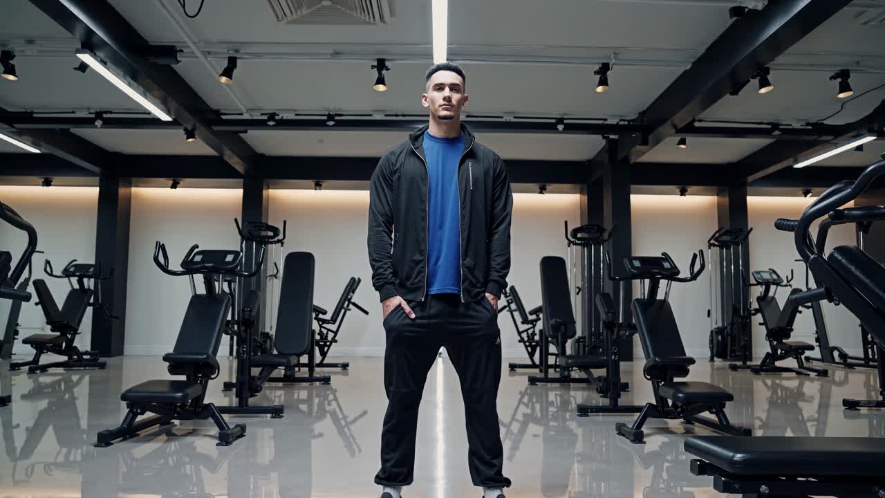 el hombre se encuentra con confianza en un gimnasio vacío, rodeado de equipos de ejercicio en un interior elegante y moderno. la atmósfera transmite una sensación de soledad y concentración