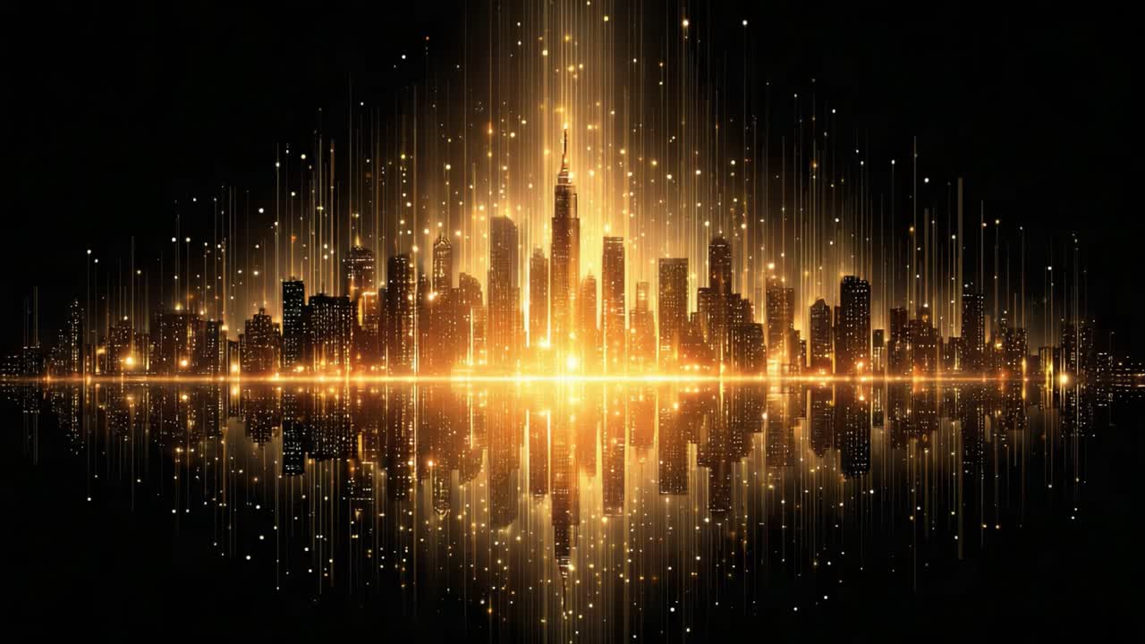 A Dazzling City Skyline Illuminated in Gold, with Sparkling Lights and Reflections Creating a Majestic Nighttime Atmosphere