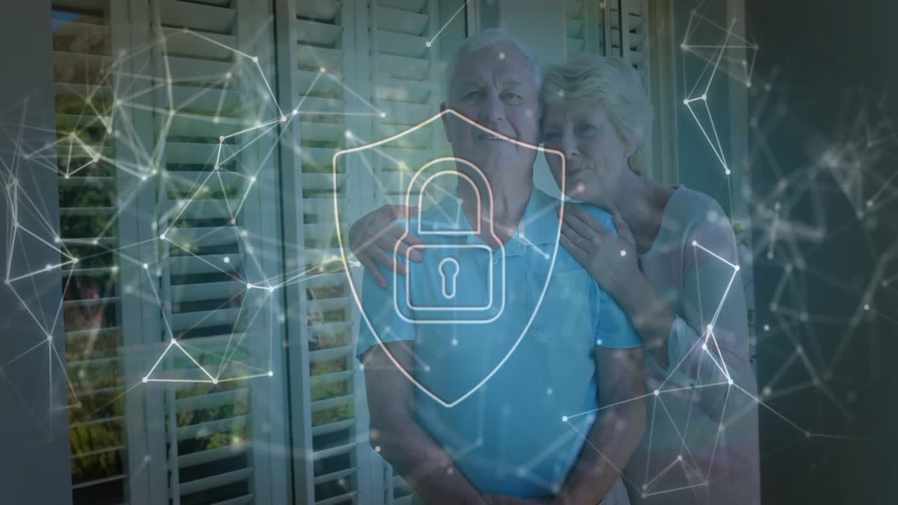 Mature couple standing by window shutters, showcasing digital security shield and network overlay