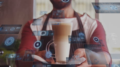 male barista presenting layered latte in cafe, showing floating tech data charts and code panels