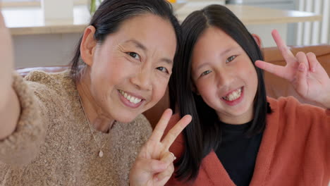 Selfie,-smartphone-and-mother-with-child-on-sofa