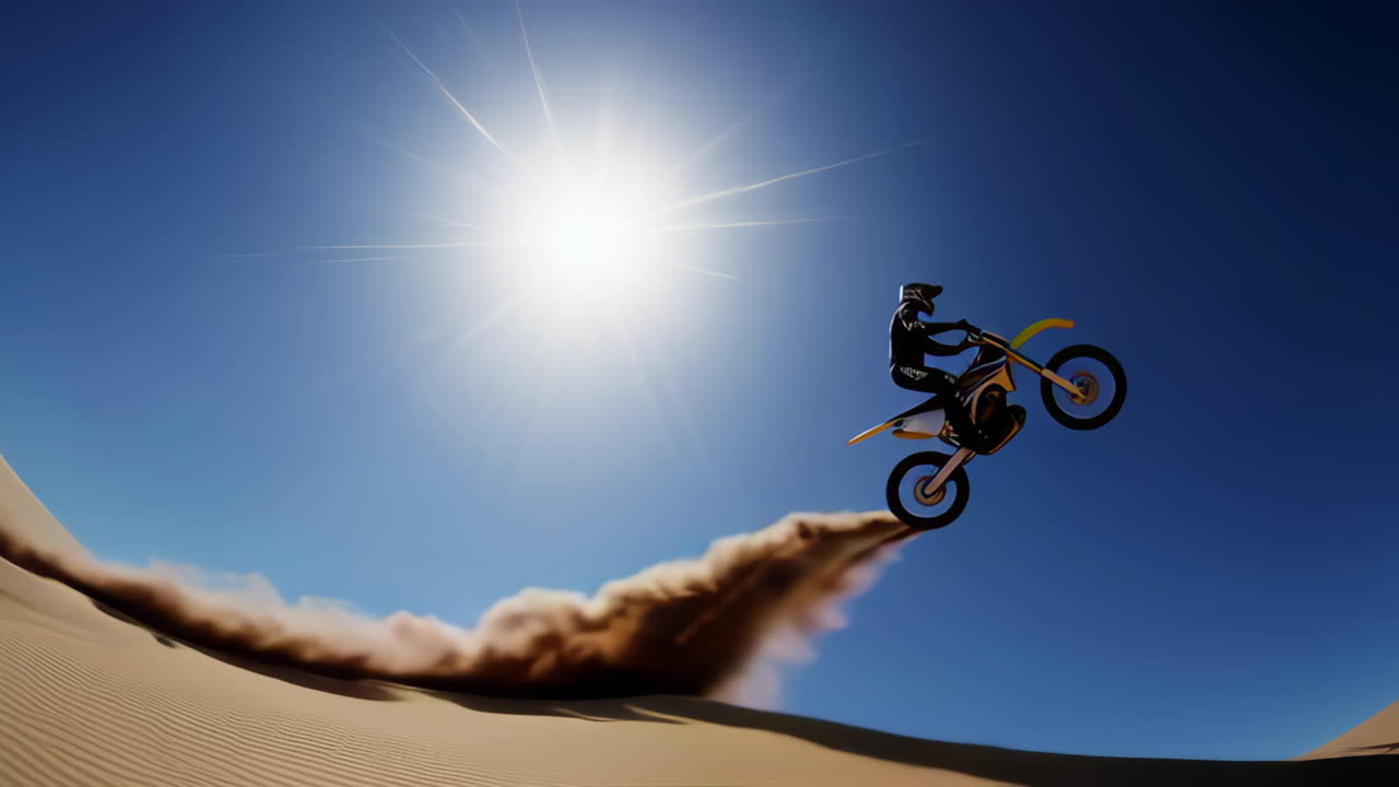 Ação de Motocross nas Dunas de Areia: Saltos e Empinadas no Deserto