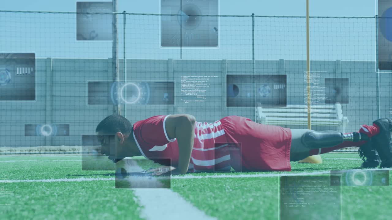 프로테시 다리를 가진 남성 축구 선수가 푸시 업을 하는 것에 대한 스 ⁇ 과 데이터 처리의 애니메이션