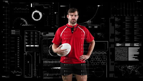 jugador de rugby profesional sosteniendo una pelota y datos médicos