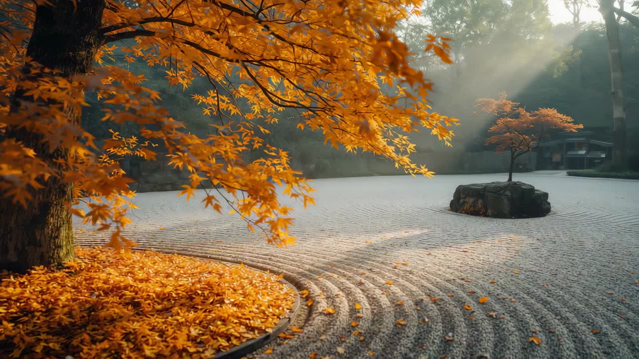 Focusing maple leaves drifting on temple garden gravel panning to stone island sunbeam, copy space