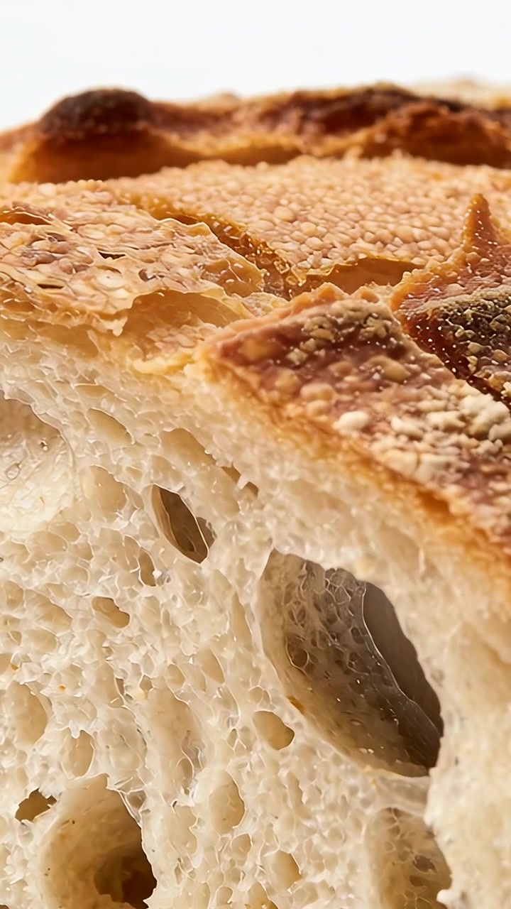 Vertical video: Contacting blade slicing sourdough loaf on white tabletop to create slice, crumbs