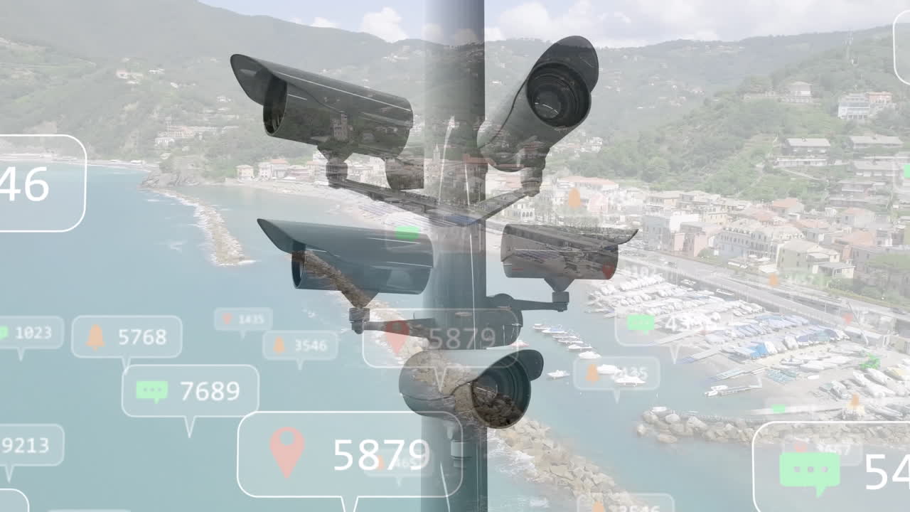 도시 풍경 위에서 움직이는 감시 카메라의 애니메이션