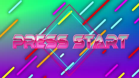 Animation-of-press-start-text-banner-over-light-trails-in-seamless-pattern-on-gradient-background