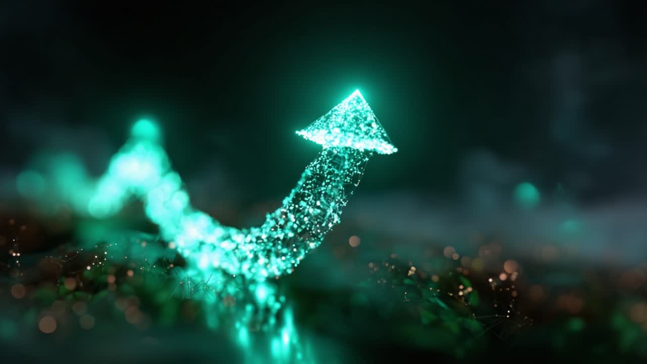 A Brilliantly Illuminated Arrow Made of Glowing Particles Rises Upward Against a Mysterious Background, Symbolizing Growth and Progress in Abstract Visualization